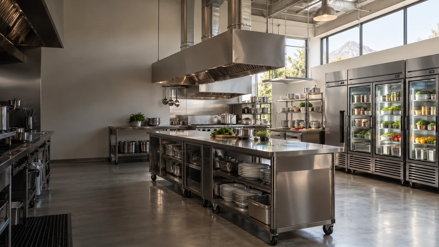 Ambiente conceptual de una cocina profesional con equipo de acero inoxidable